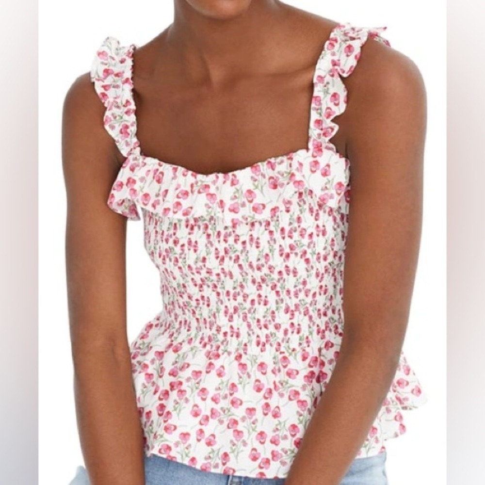J crew Smocked ruffle peplum‎ tank in Liberty London fabric Ros floral white XS